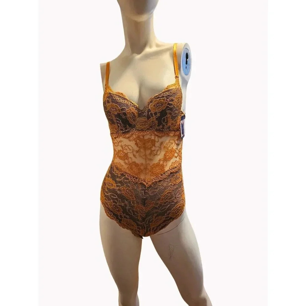 NWT French Affair Push Up Bra Bodysuit Gold Lined with Black Lingerie Size Small - Picture 2 of 9